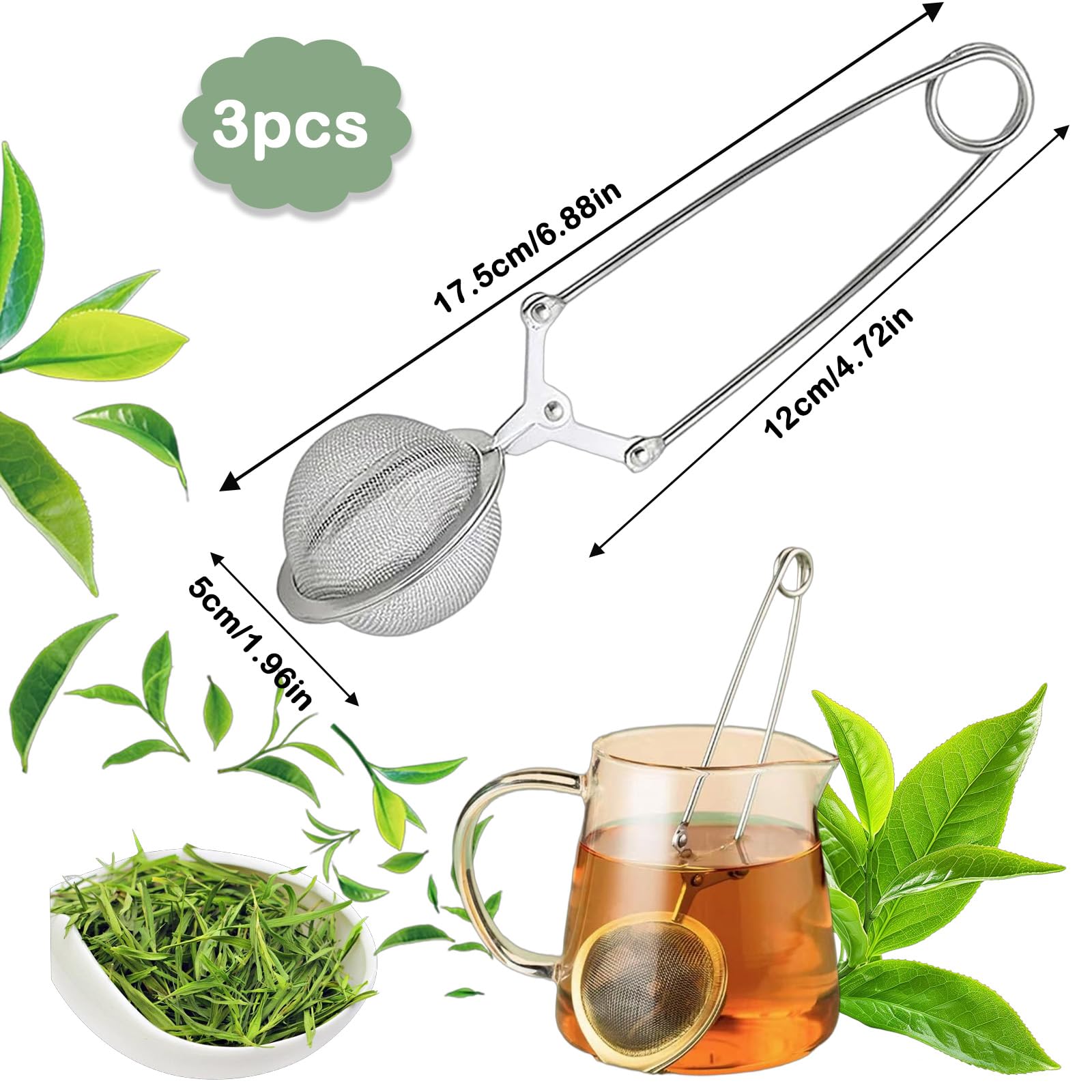 Juego de 3 pinzas de té de acero inoxidable, pinzas de malla fina, infusor de té con forma de bola de 4,5 cm de diámetro, para amantes del té, especias, placer
