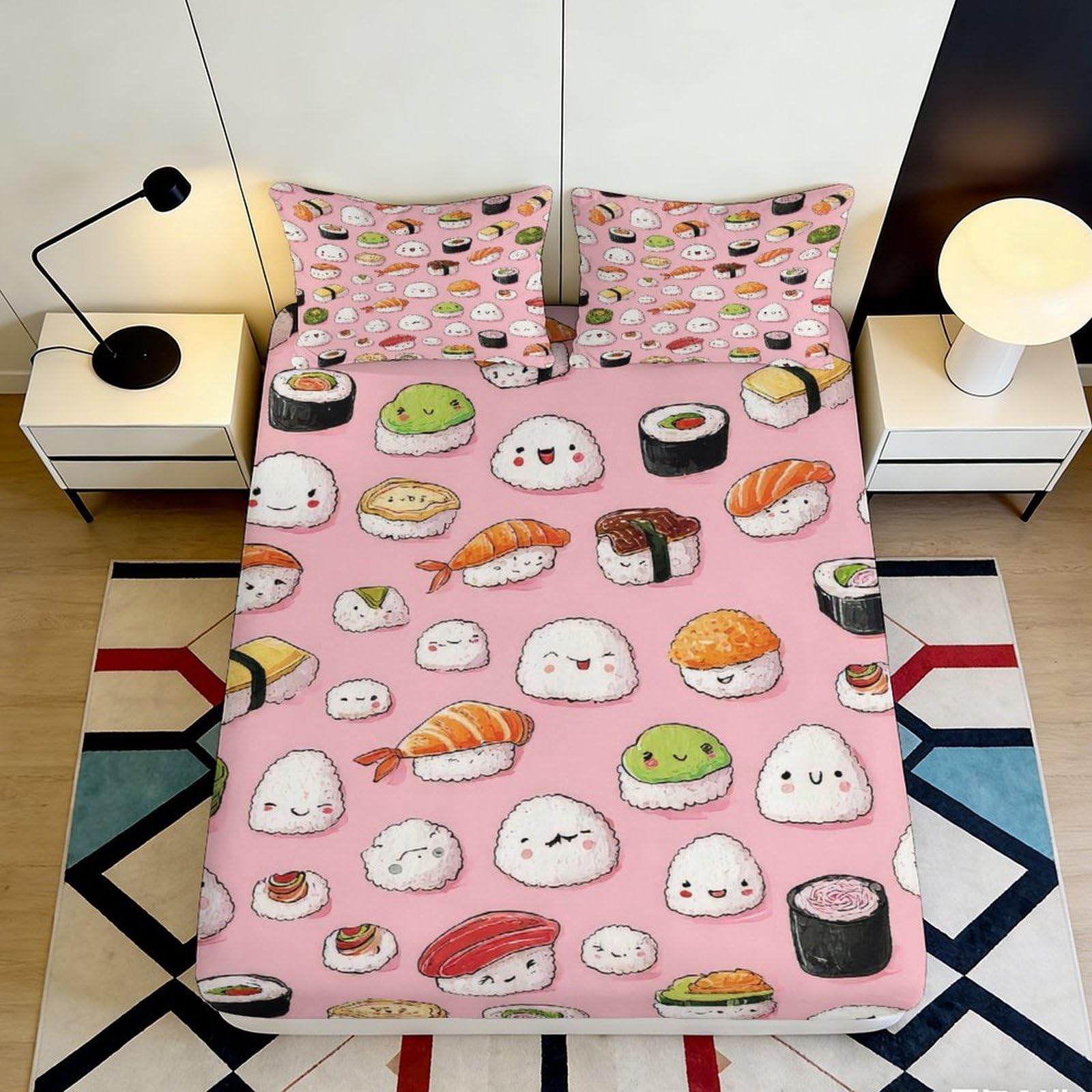 3D Printed Sushi Cartoon Fitted Sheet Microfiber Pink Kawaii Food Mattress Cover Bedroom Decor Easy Care 90x200x25cm