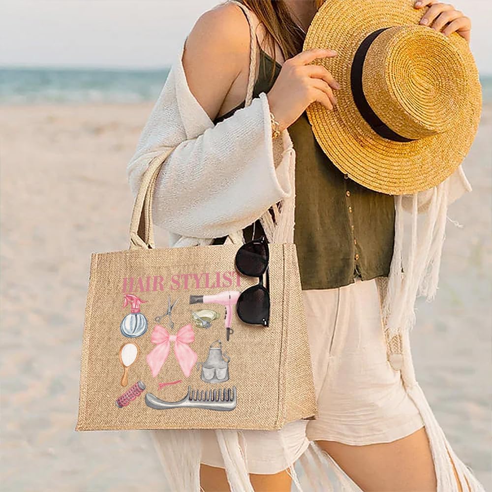 Personalized Hair Stylist Jute Tote Bag with Custom Name - Burlap Hairdresser Salon Gift Bag for Hairstylists Barbers - Reusable Shoulder Bag with Handle Travel Work Tote for Hairstylist Barber Tools image 2