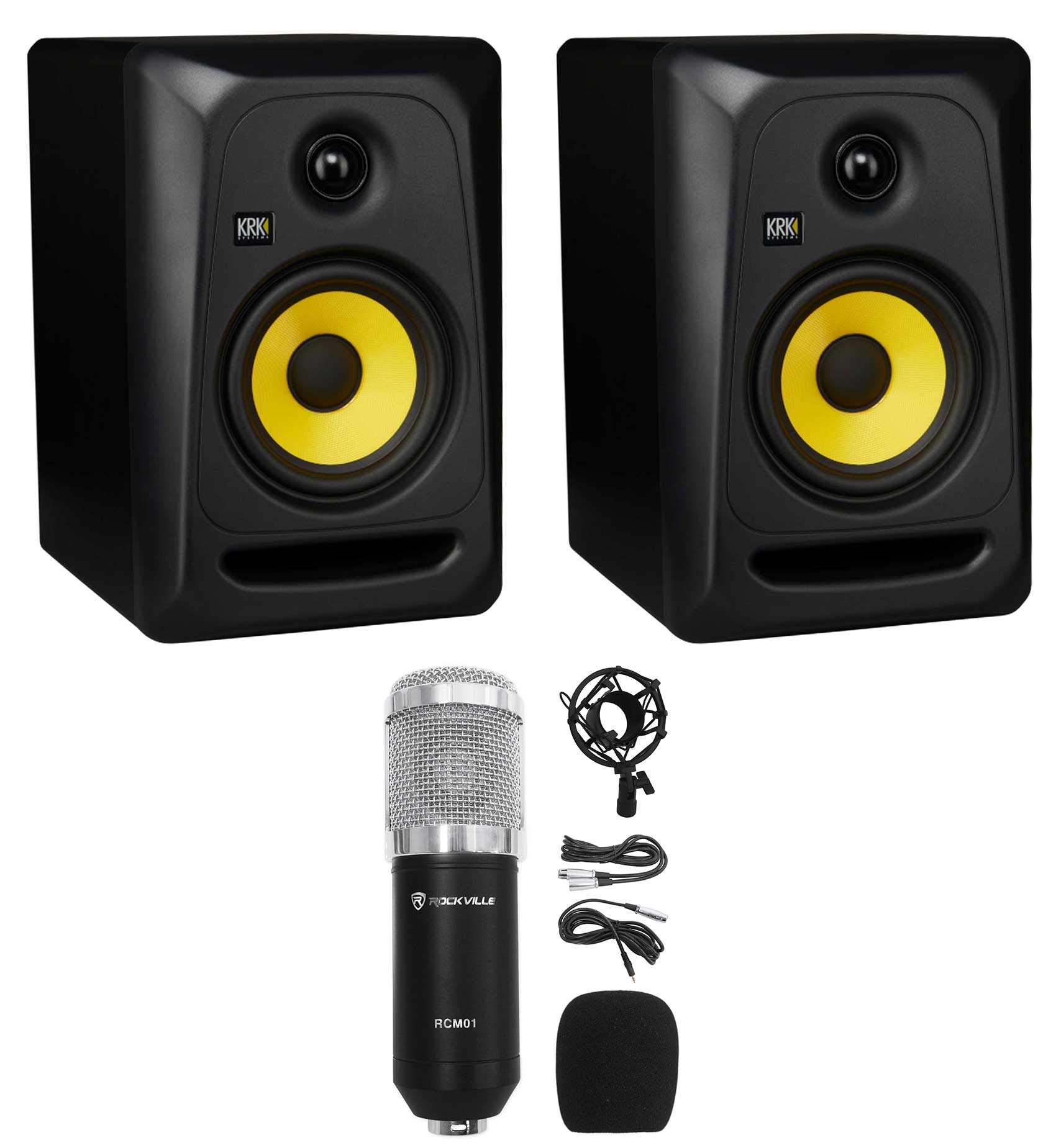 KRK CLASSIC 5 Studio Monitor 5" Nearfield Active Powered Bi-Amped 2-Way Speaker Bundle with Rockvill