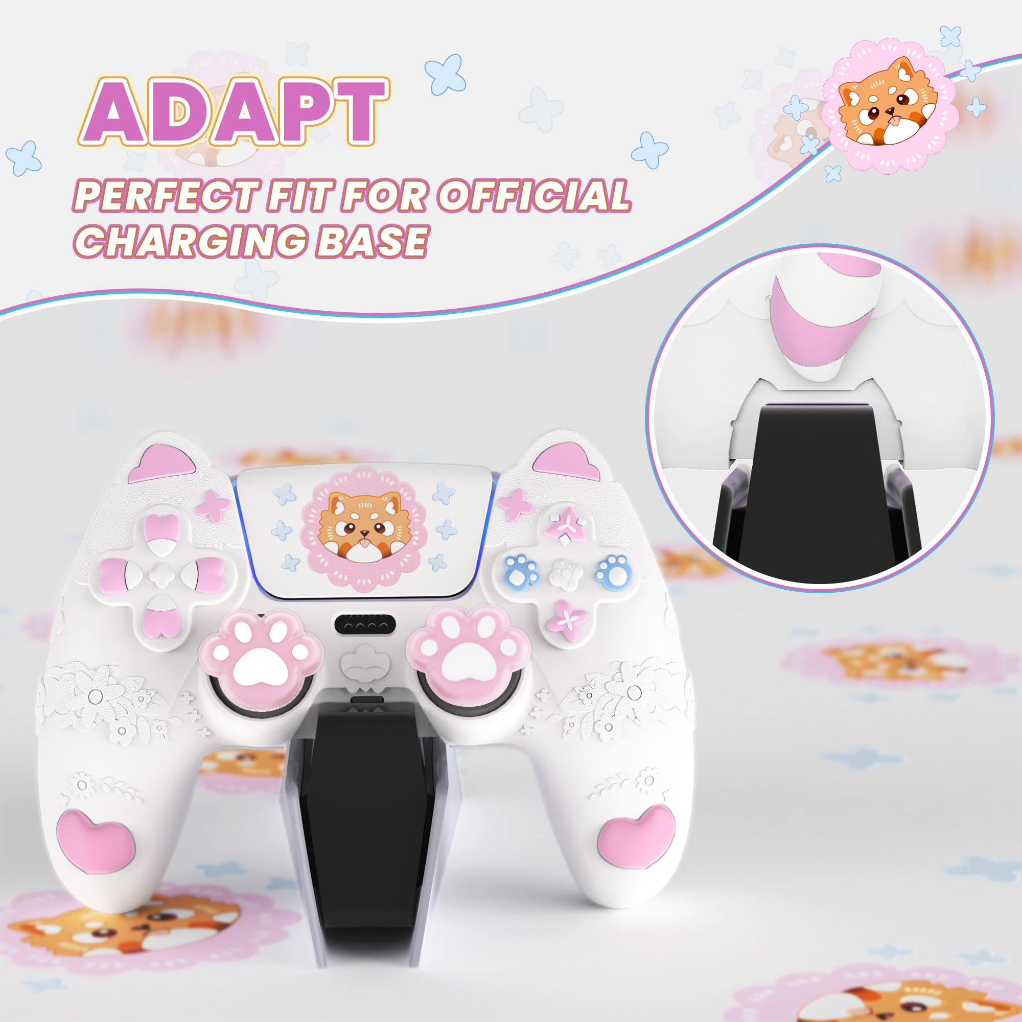 PlayVital Cover Controller per ps5 Joystick, Custodia Silicone Skin Antiscivolo&Copri Analogici&Adesivi, Adatto per ps5 Base di Ricarica, Panda Minore di Primavera Carino - Bianco