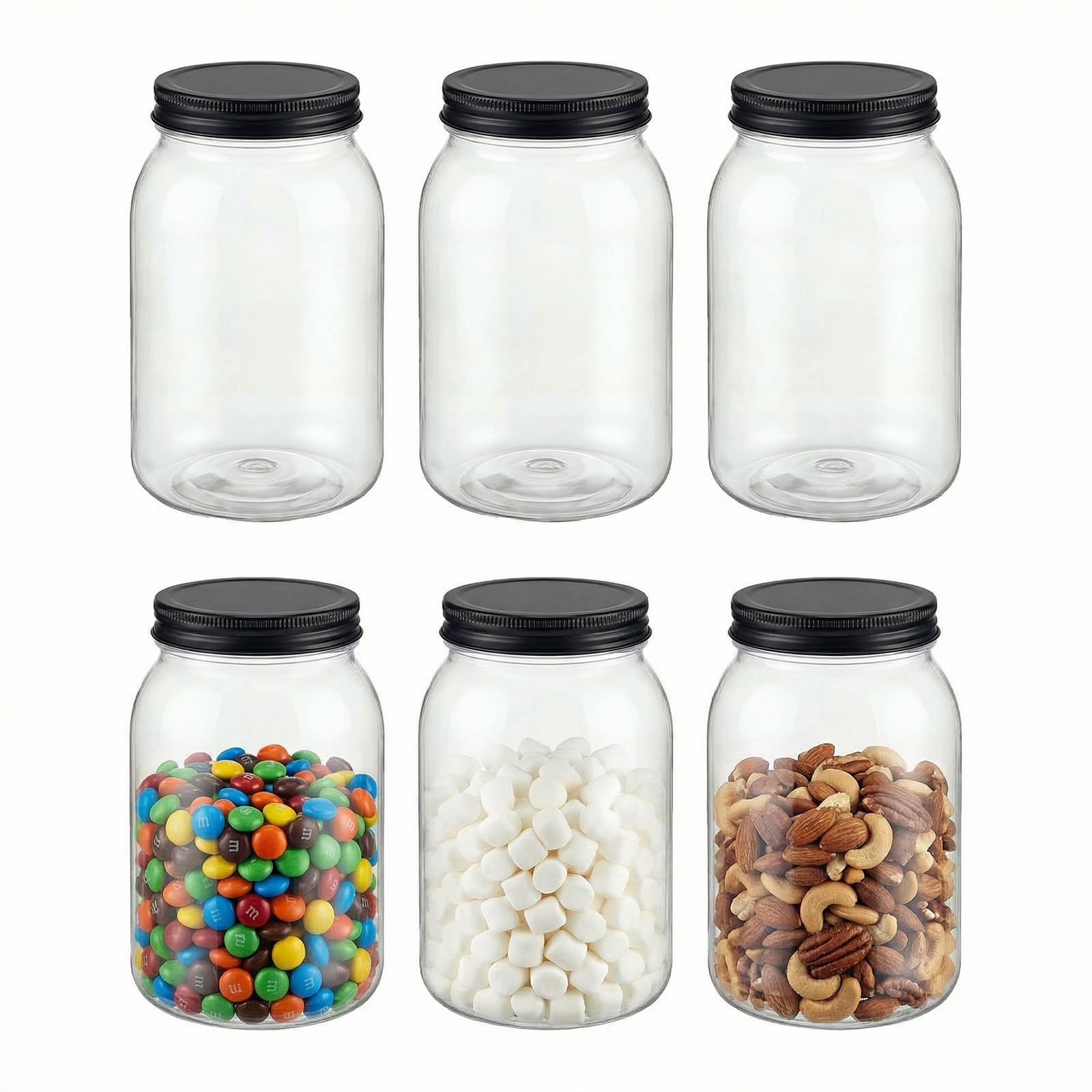 novelinks 32 oz Plastic Mason Storage Jars with Lids, 6 Pack BPA-Free Clear Plastic Jars with Lids 32oz, Leak-Proof Plastic Quart Containers for