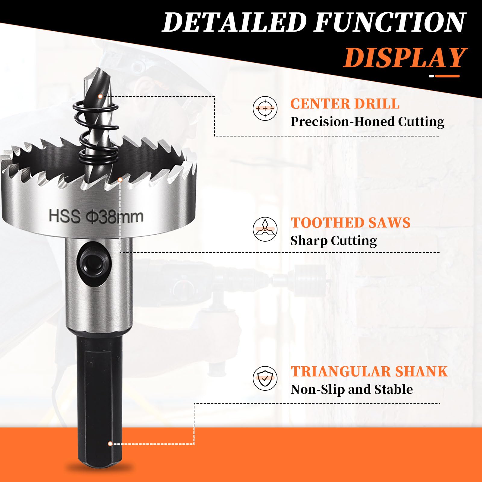 METALLIXITY Hole Saw 38mm (1-1/2"), M2 High Speed Steel Hole Cutter with Center Drill Bit, Hex Key and Spring - Image 3