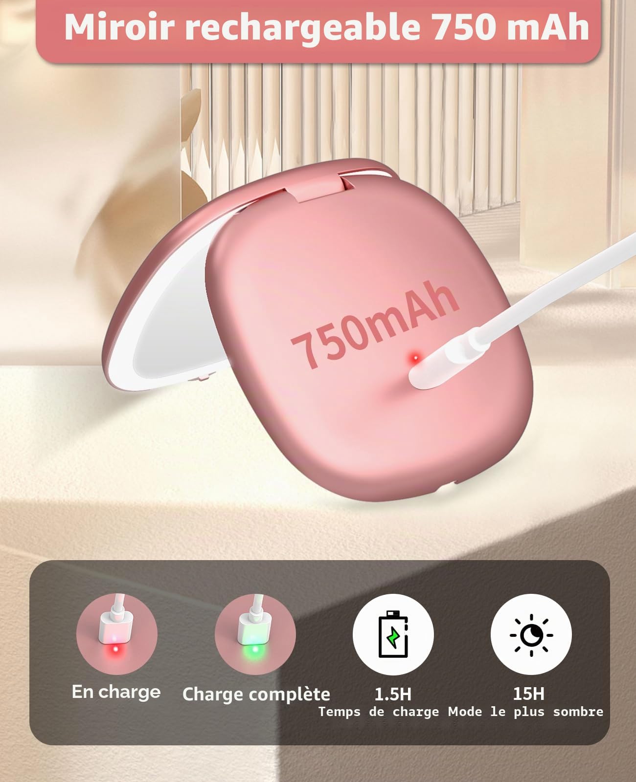 WOBSION Miroir de Poche Rechargeable, Miroir de Voyage Grossissant 1x/10x avec Lumière LED, Miroir de Maquillage Double Face pour Sac à Main, 10cm, Or Rose