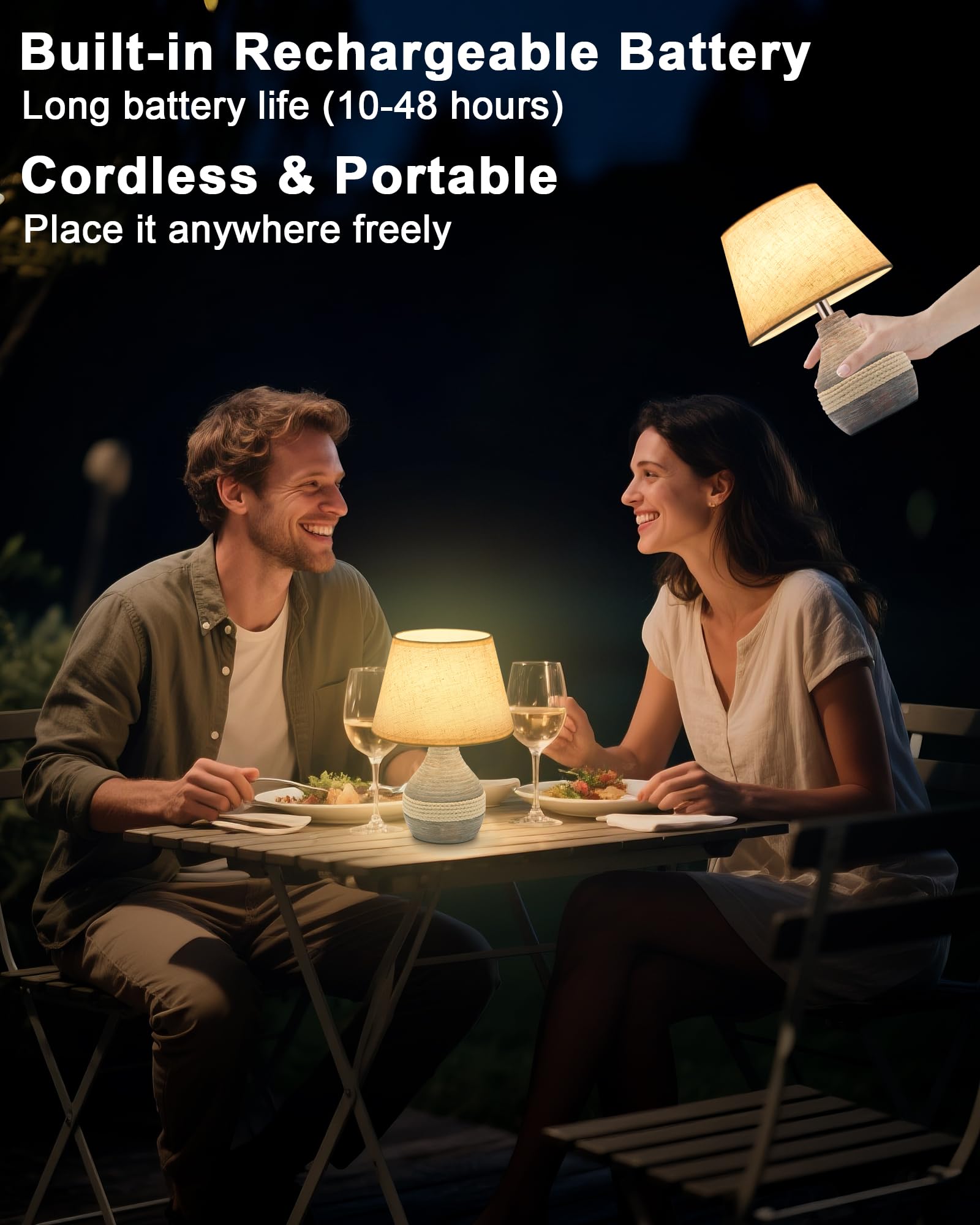 Lampada da tavolo in ceramica senza fili con timer, dimmer, paralume di lino, lampada da tavolo a telecomando, piccola lampada da tavolo ricaricabile, lampada da comodino moderna Mid Century