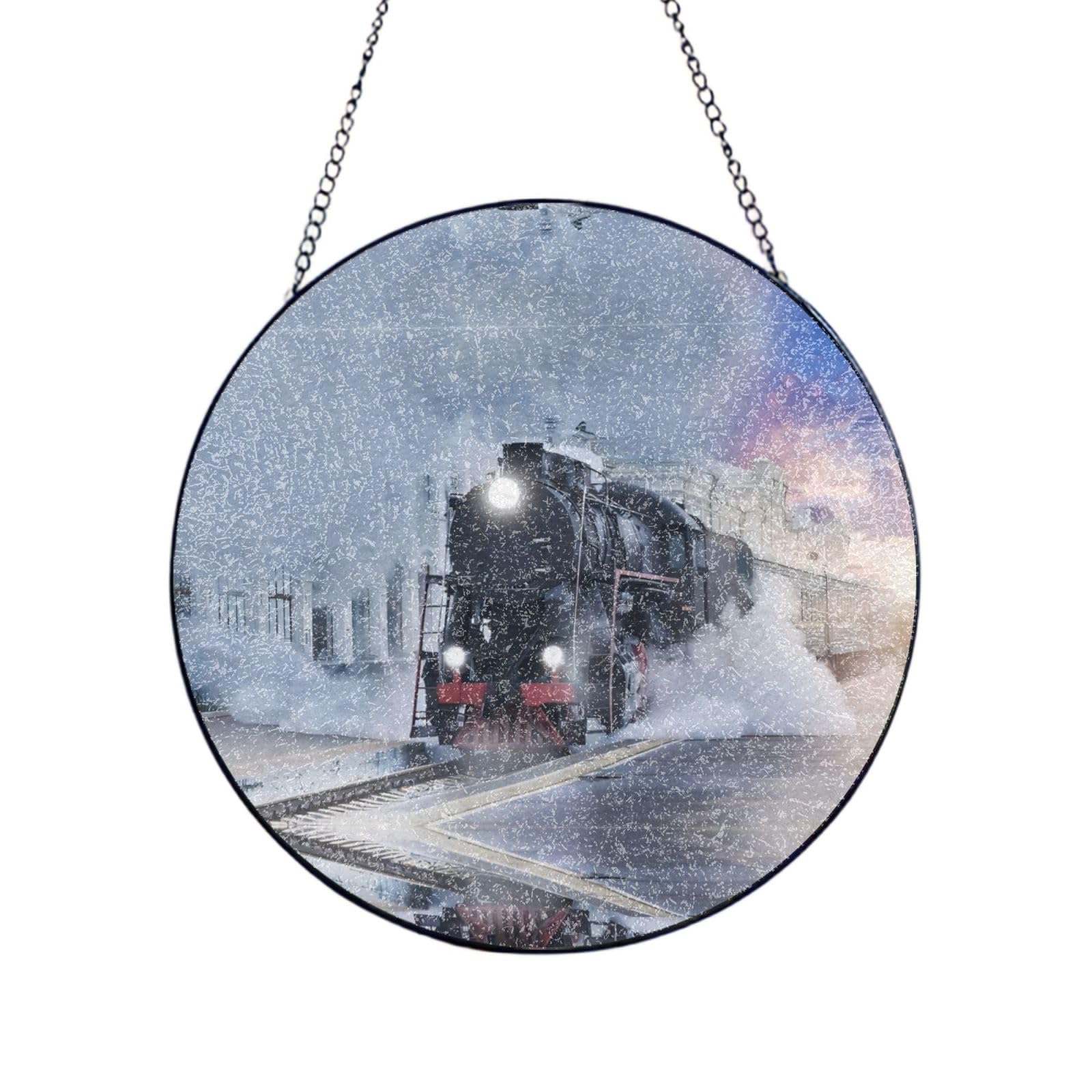 Phayah Steam Train Depart Sunset Print Glass Window Hanging Sun Catchers Suncatcher Decor For Birthday For Home Garden Porch 12in（30cm）