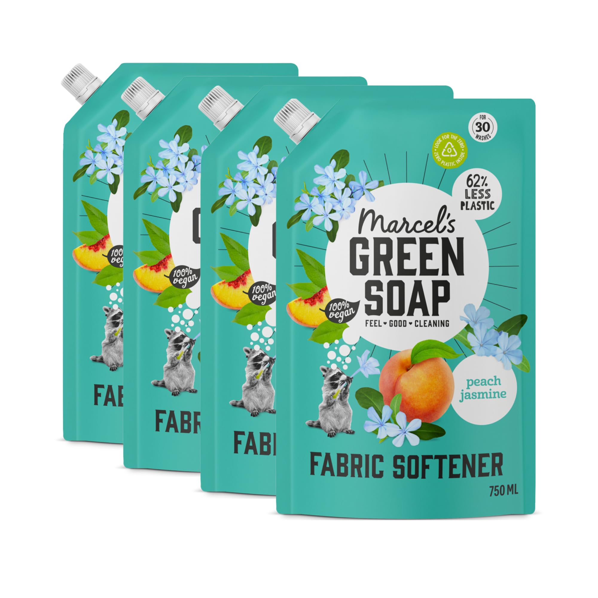 Marcel's Green Soap - Fabric Conditioner Refill Peach & Jasmine - Fabric Softener - Vegan - Natural Ingredients - 3000 ml, 750 ml (Pack of 4)