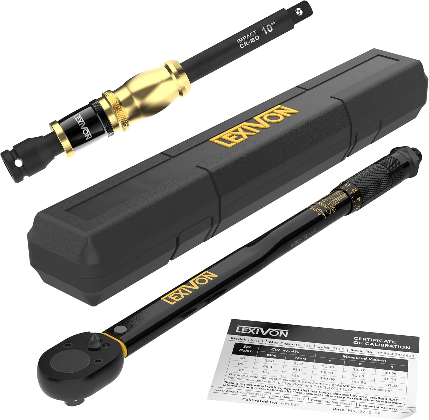 Lexivon 1/2-Inch Drive Click Torque Wrench, Yellow, Aluminum Alloy Steel, 10-Inch Speed Collar Extension Bar