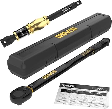 Lexivon 1/2-Inch Drive Click Torque Wrench, Yellow, Aluminum Alloy Steel, 10-Inch Speed Collar Extension Bar