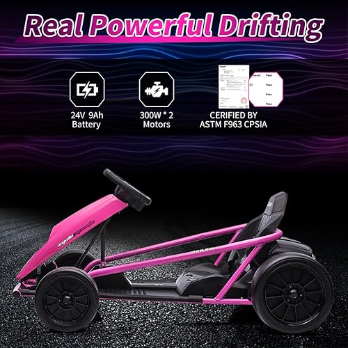 Miniatura 4 de Go Kart de 24 V para niños de 8 a 12 años, 300 W x 2 motores extra potentes, batería grande de 9 Ah de 8 MPH de alta velocidad con música, bocina,