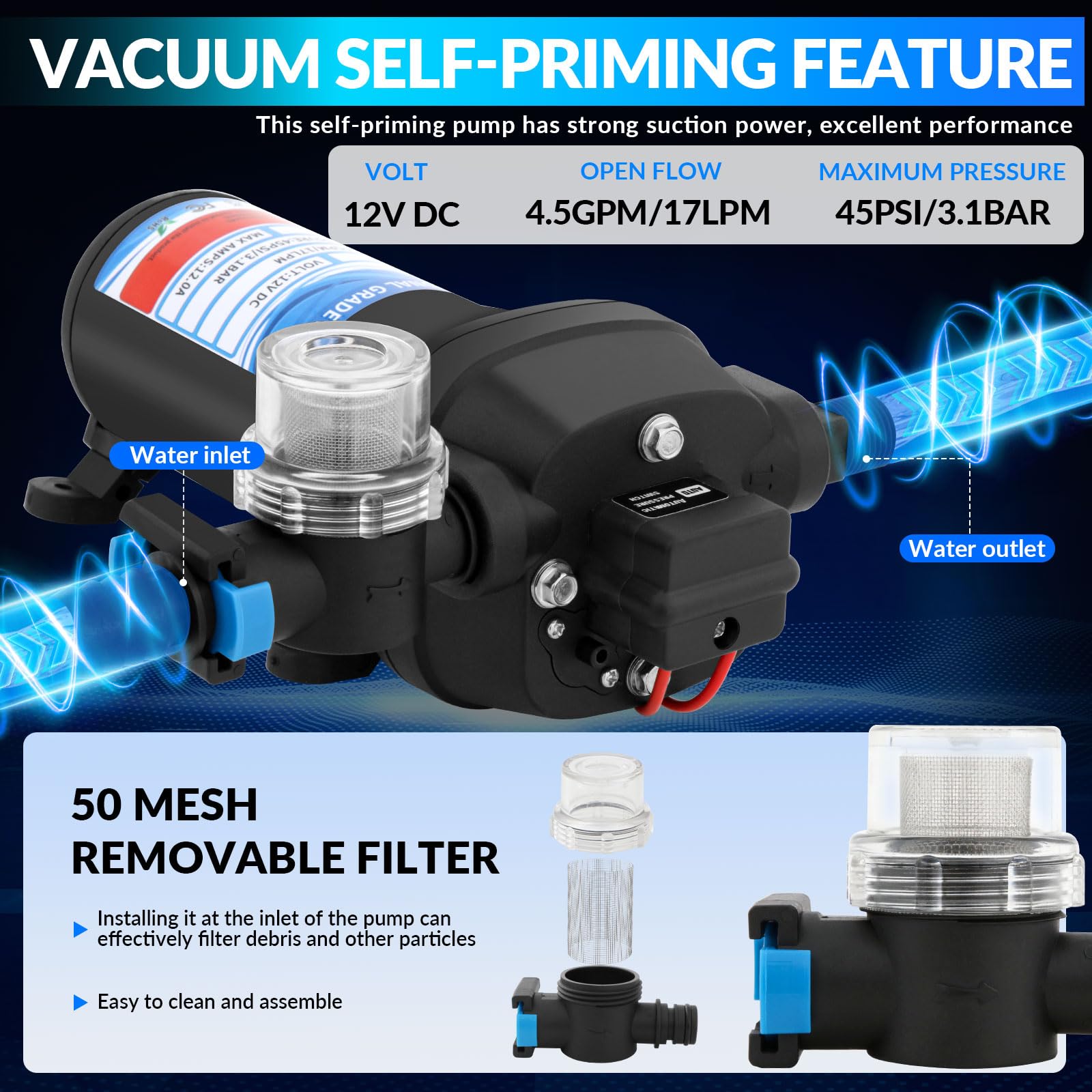 Bomba de Membrana Autocebante12V, 45 PSI, 17 L/min, Bomba de presión de agua Autocebante con Interruptor de Presión, Bomba de Agua Automática con Filtro Rápido, para Riego de Jardín, Caravanas, Barcos