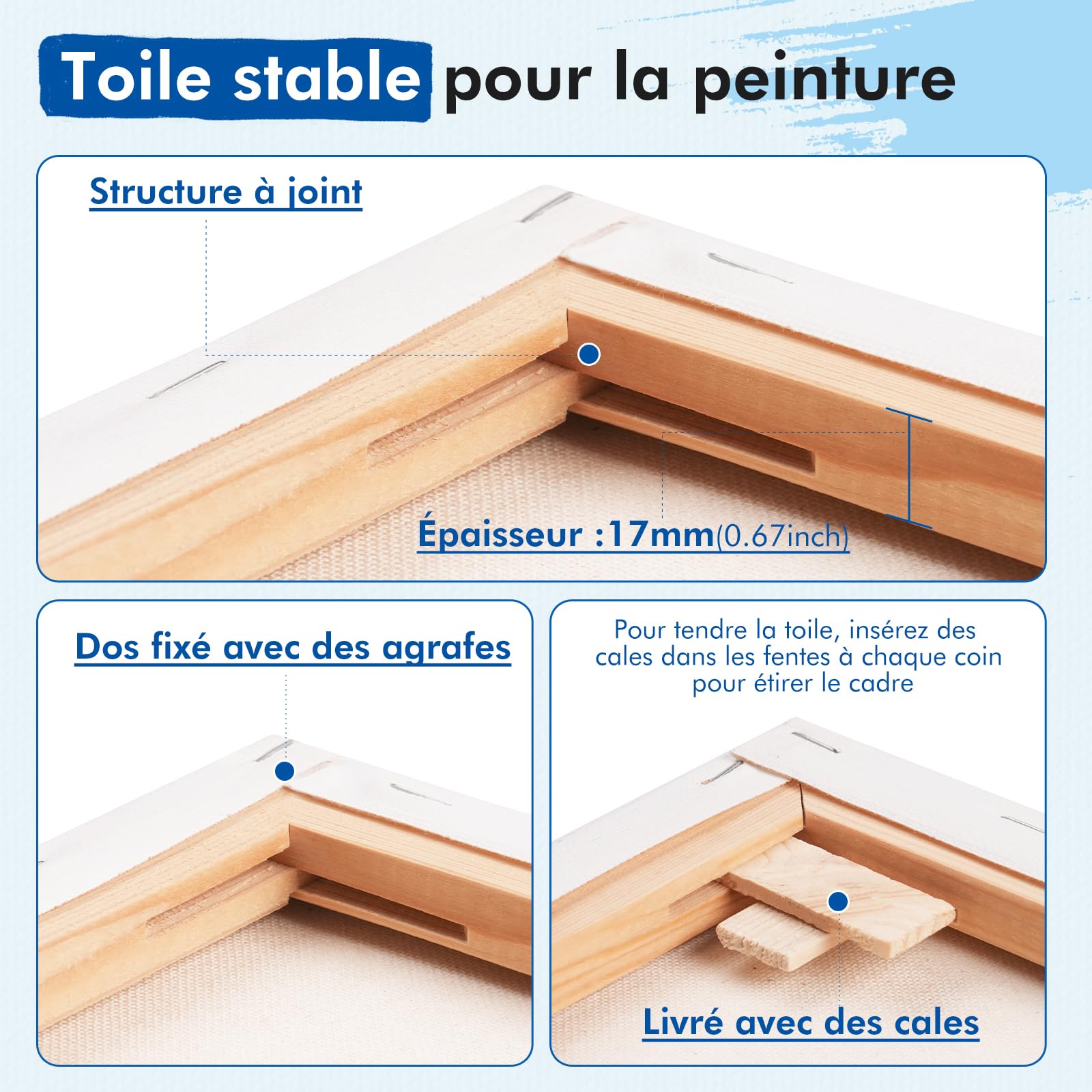 Toile Peinture 50x70cm - 3 pièces Toile a Peindre Pré-Étirée pour l'artiste, 100% Coton, Bois certifié FSC, 280GSM, 1,7cm D'épaisseur Toiles à Peindre Encadrées, Sans Acide, Triplement Apprêtée
