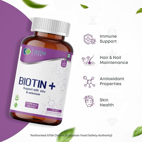 Nutra Life Biotin with Zinc & Selenium Tablets - 12000 mcg - 180 Tablets - Hair Growth Vitamins for Thicker Hair er Beard - Faster Nail Growth - Healthy Skin - for Men & Women
