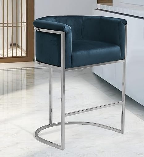 Iconic Home Finley Counter Stool Chair Velvet Upholstered Rolled Shelter Arm Design Half-Moon Chrometone Solid Metal U-Shaped Base Modern Contemporary, Teal, Counter Stool (Chrome Base)