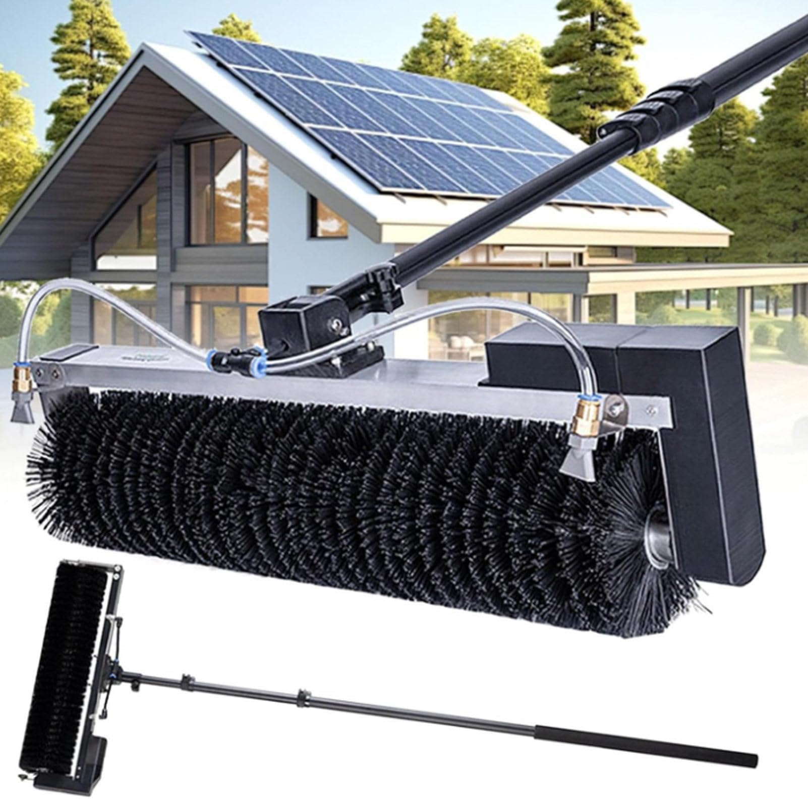Roof Solar PV Panel Washing Brush, 60 cm Cleaning Width, Electric Solar Panel Cleaning Kit for Cleaning Stubborn Bird Droppings, Oil Stains, Dust, Outdoor Washing Device LithiumBattery-3.5m/11.4ft