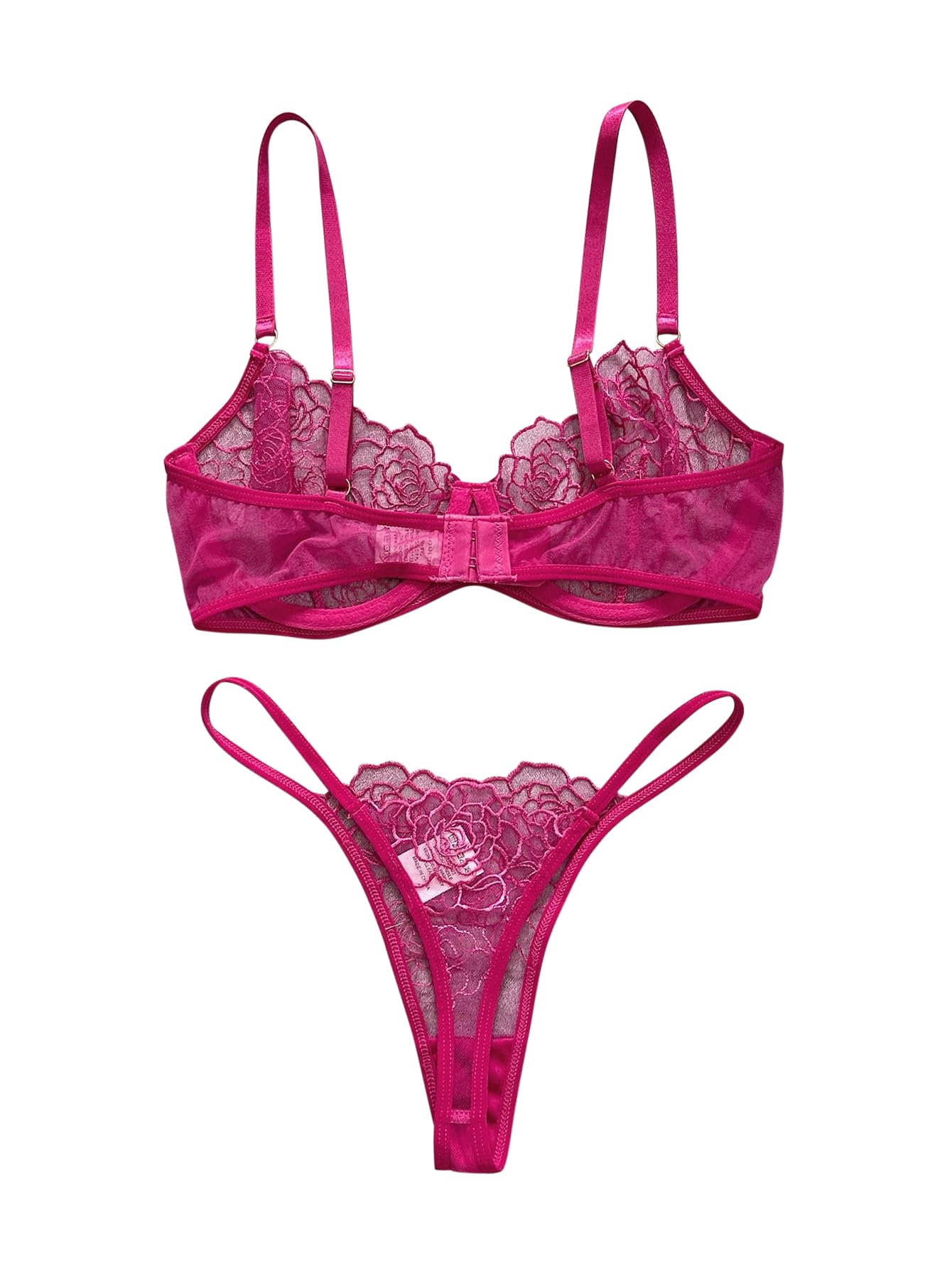 Lilosy Sexy Satin Mesh Floral Sheer Embroidered Underwire Lingerie Set 2 Piece Women Push Up See Through Matching Bra Panty Print Royal Blue Medium: Flower X-Large Solid Hot Pink