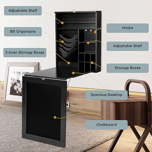 Miniatura 7 de IFANNY Escritorio de pared con estantes de almacenamiento, escritorio plegable para pared con pizarra, soporte de pared de mesa plegable, escritorio