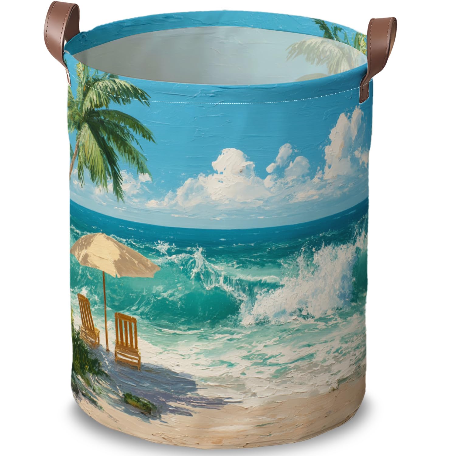 Beach Laundry Basket, Beach Laundry Hamper, Leather Handles, 15.75x19.7in