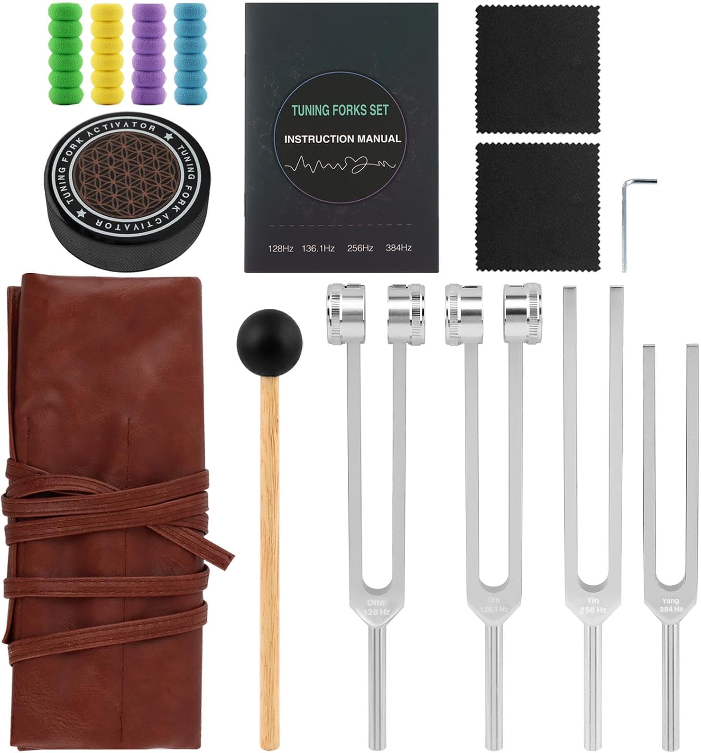 Tuning Forks for Healing, Tuning Fork 128Hz/136.1Hz/256Hz/384Hz, with Ergonomic Sponge Handles, Rubber Mallet, Activator, Instruction Manual for Meditation, Yoga & Chakra Healing(Color:as Shown)