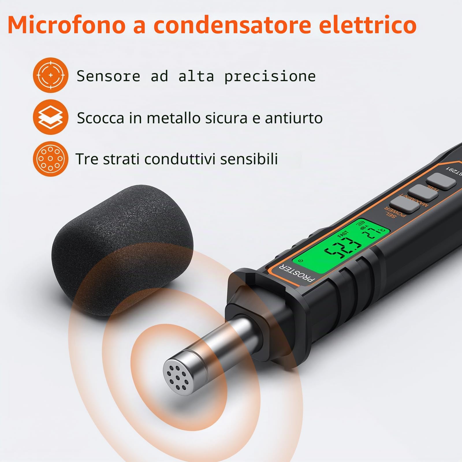 Proster Misuratore di Decibel Digitale 30dB a 130dB Portatile con Funzione di Temperatura A-Pesato Max/Min Risposta Veloce/Lenta LCD Retroilluminato Ideale per Ambienti di Lavoro Uffici e Fabbriche