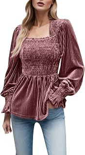 AaaozKjie Long Sleeve Shirt Women Pullover Autumn Top Vintage Square Neck Long Sleeve Ruched Shirt Top Long Shirt Women
