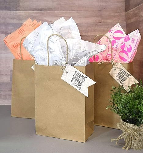 Miniatura 7 de CAYUENG Bolsas de papel kraft de 10 x 5 x 13 pulgadas, 100 bolsas de regalo marrones con asas, bolsas de papel liso para compras, bolsas de papel
