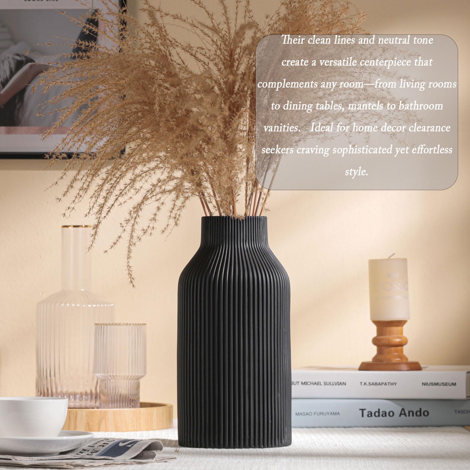 10 Inch Black Ceramic Vase for Decor,Minimalist Modern Home Decorative Large Flower Vase for Pampas Grass,Bookshelf, Living Room, Shelf, Bedroom, Bathroom, Entryway Mantel Decor - Image 4