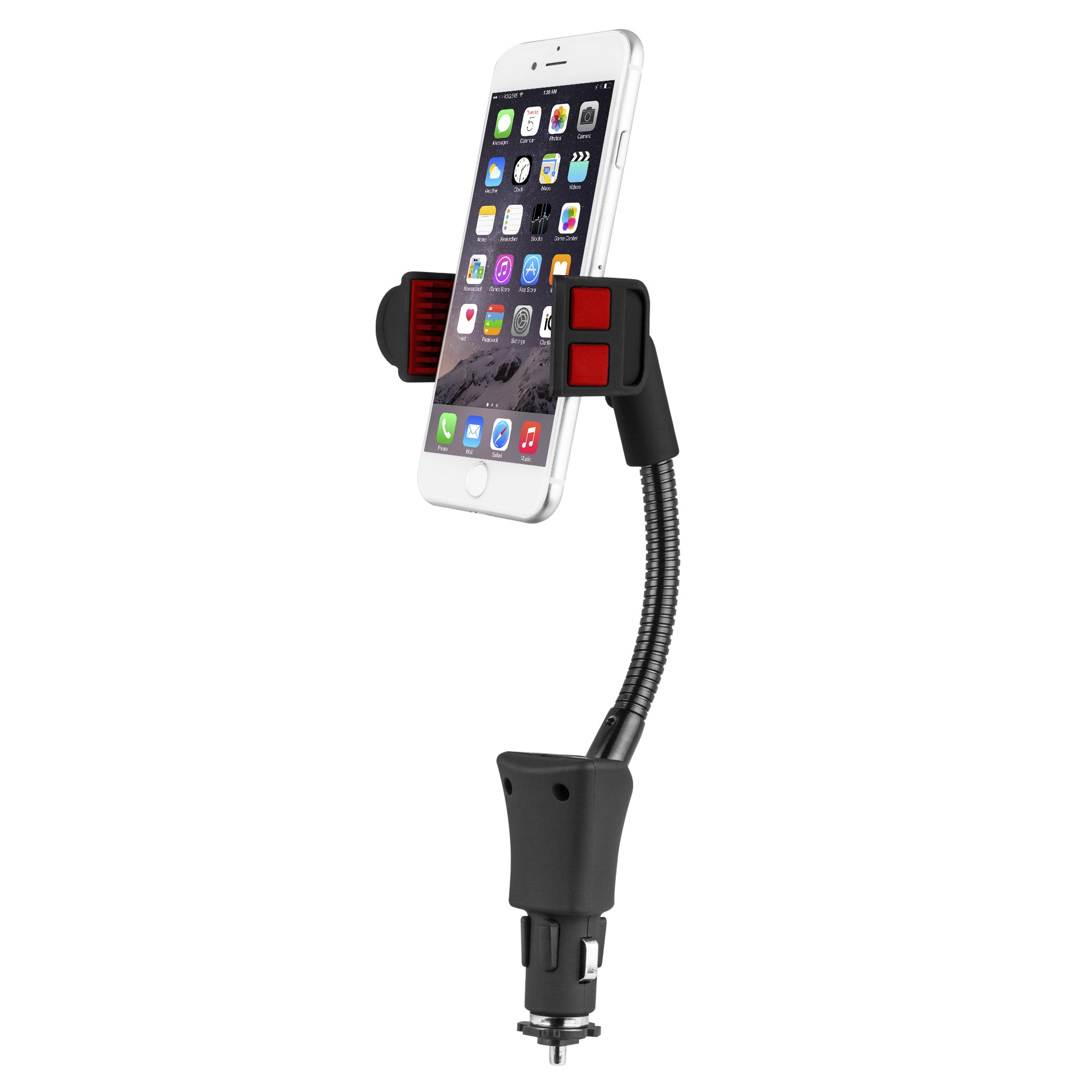 CYLO Easy Grip USB Power Car Mount Extender Holder Cradle with Extender for iPhone 7 7 Plus/ 6s Plus/6s/6, Samsung Galaxy S8 Edge S7 S6 Note 5, Nexus 5, Nexus 6, Smartphones (Black/Red)