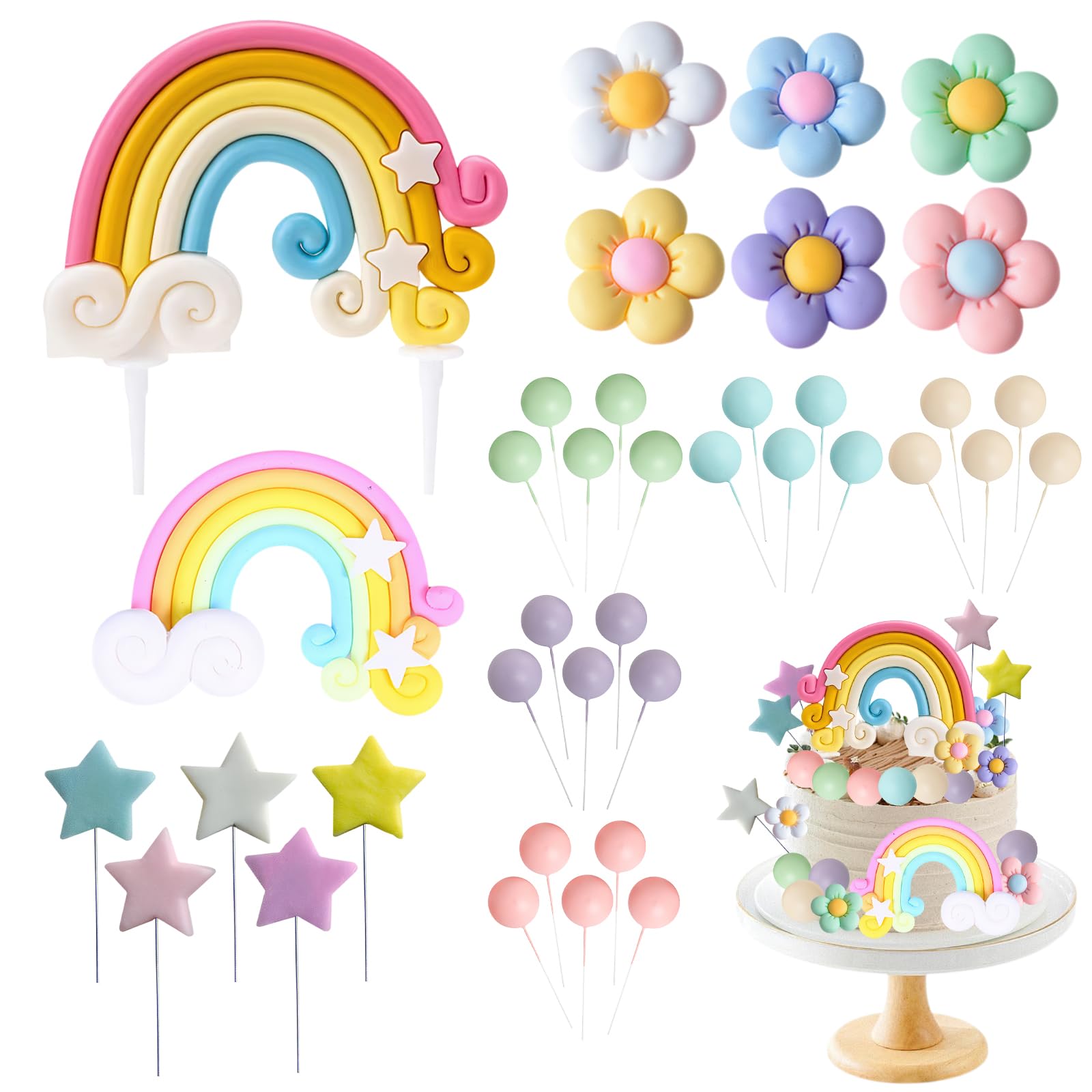Awubsd 38 Pcs Rainbow Cake Topper, Pastel Birthday Ball Decorations