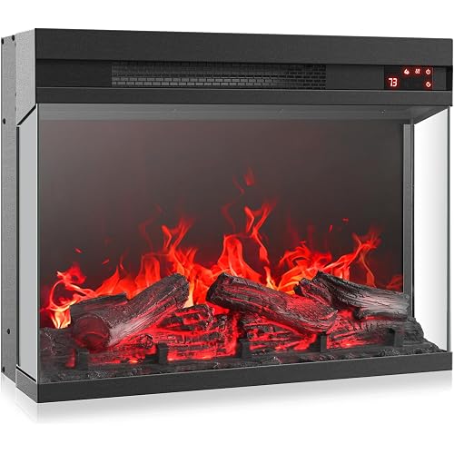 BELLEZE 23" Electric Fireplace with Realistic Crackling Sound, 3-Side Glass Display Fireplace Heater, Adjustable Timer & LED Flame Lights, Freestanding Indoor Fireplace for Bedroom, Living Room