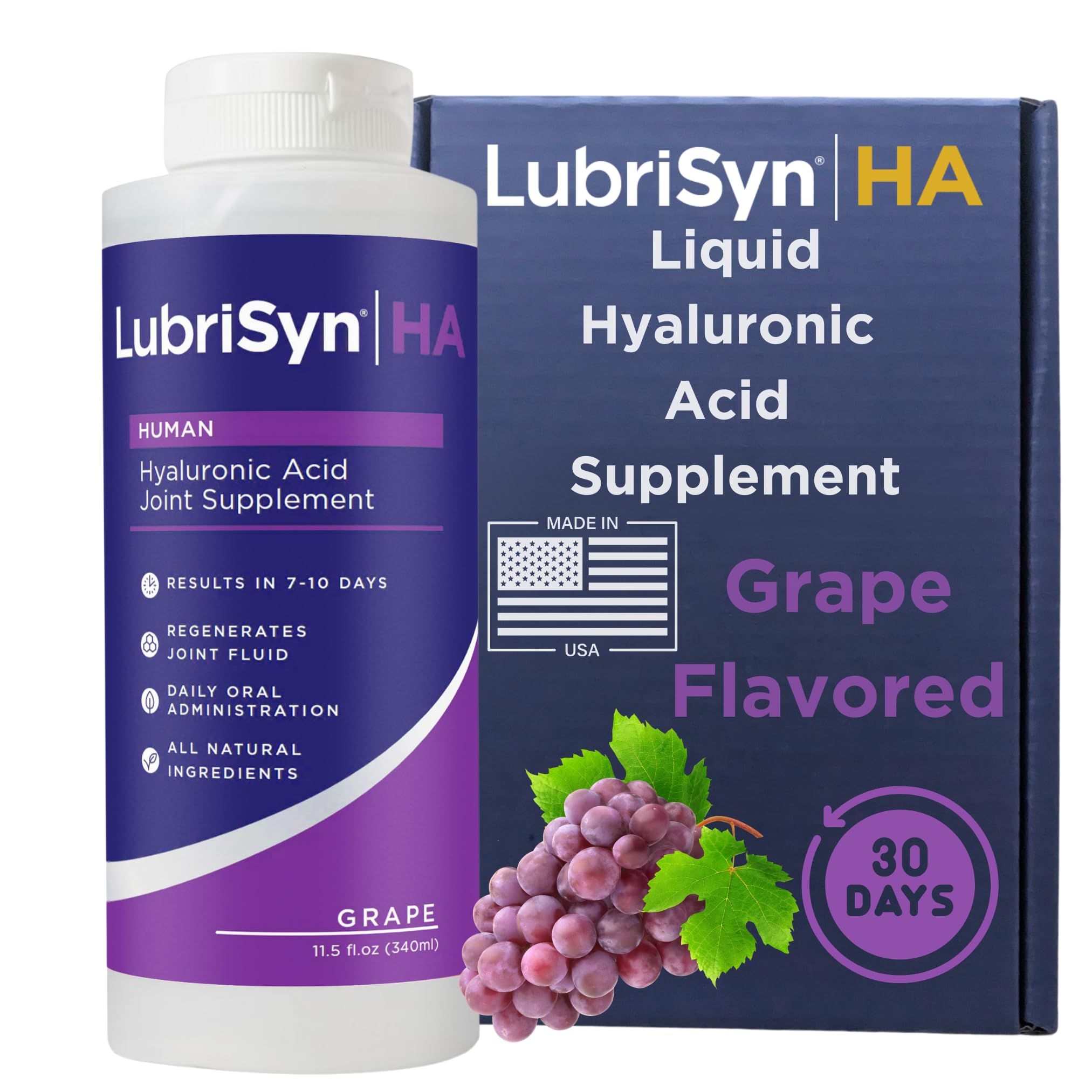 Lubrisyn Hyaluronic Acid Oral Joint Supplement – Liquid HA Formula for Humans – Promotes Joint Support, Mobility, Flexibility, Hydration & Healthy Function for Men & Women – Grape Flavor 11.5oz
