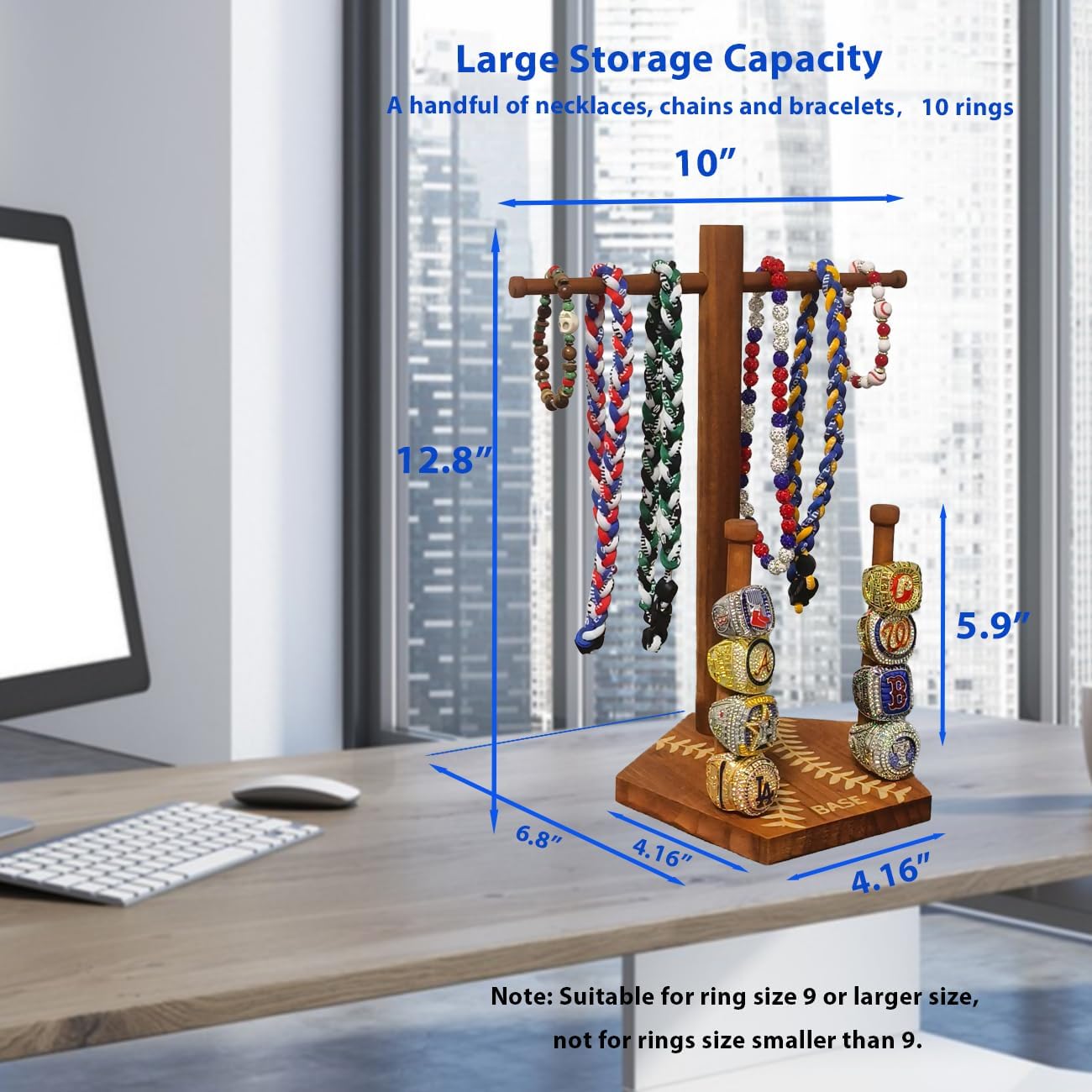 Wooden Baseball Drip Necklace Display Holder, Championship Rings Display Organizer (for ring size 9 or larger), Bonus 50Pcs Baseball Stickers, Greeting Card and Gift Box - Image 5