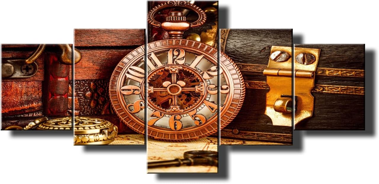 Retro Wall 5 Piece Canvas Wall Art Vintage Antique Pocket Watch HD Prints on Paintings Pictures Home Decor for Living Room Modern Artwork Framed Gallery-wrapped Stretched Ready to Hang(50''Wx24''H)