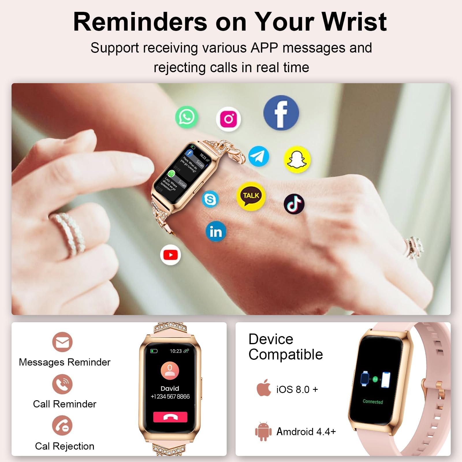 Fitoncloud Smartwatch voor dames met aluminium behuizing in goud, ultra- batterijduur, 1,47 inch fitnesstracker met hartslagmeter, SpO2 slaapmonitor, 25 sportmodi, waterdicht IP68, fitnesshorloge voor