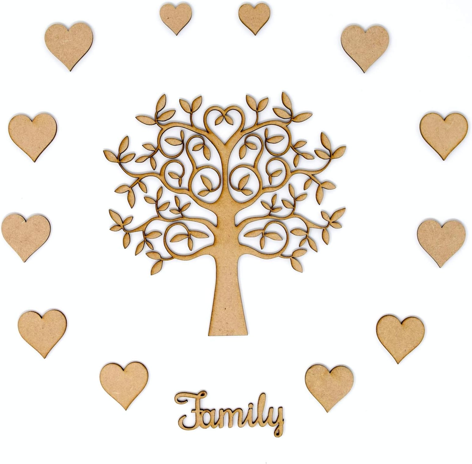 Family Tree Set Kit - MDF Tree, 12 x Hearts and Wording. Make Your Own (15cm)