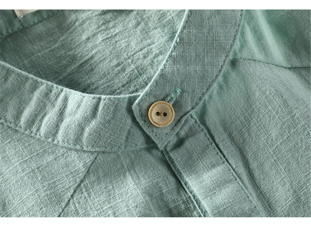 Maglietta da uomo in cotone e lino a maniche corte con colletto alla coreana, Grigio chiaro, XL