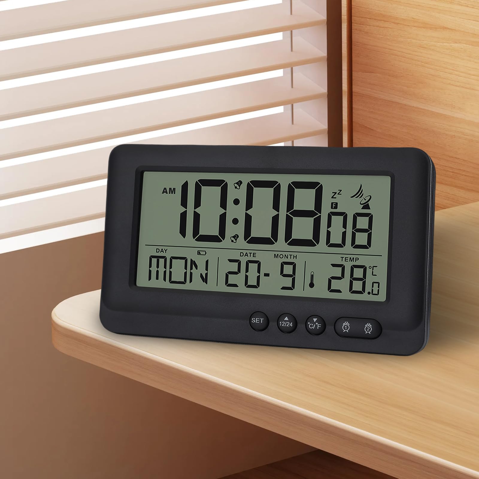 Behogan Digital Radio-Controlled Alarm Clock, Digital Alarm Clock with Thermometer, Alarm Clock Digital with Two Alarm Times, Radio-Controlled Clock Digital with Backlight, Date, Day of the Week