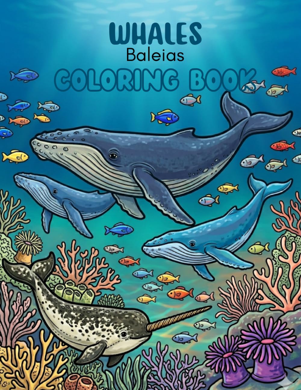 Whales (Baleias), Coloring Book: A Relaxing Underwater Journey with 30 Beautiful Illustrations of Whales and Marine Life for Kids and Adults (Ocean Animals Coloring Book)