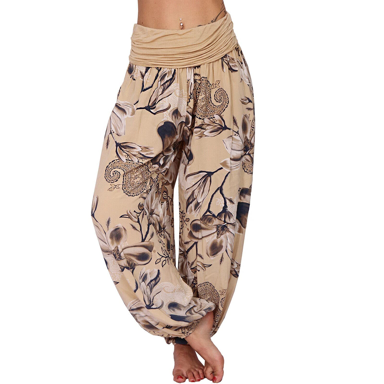 Haremshosen Damen Sommer Casual Blumenmuster Elastischer Bund Weite Beine Haremshose Übergröße Hippie Schlupfhose Elegant Weites Bein Damenhose Leichte Pluderhose Yogahose Aladinhose Pumphose