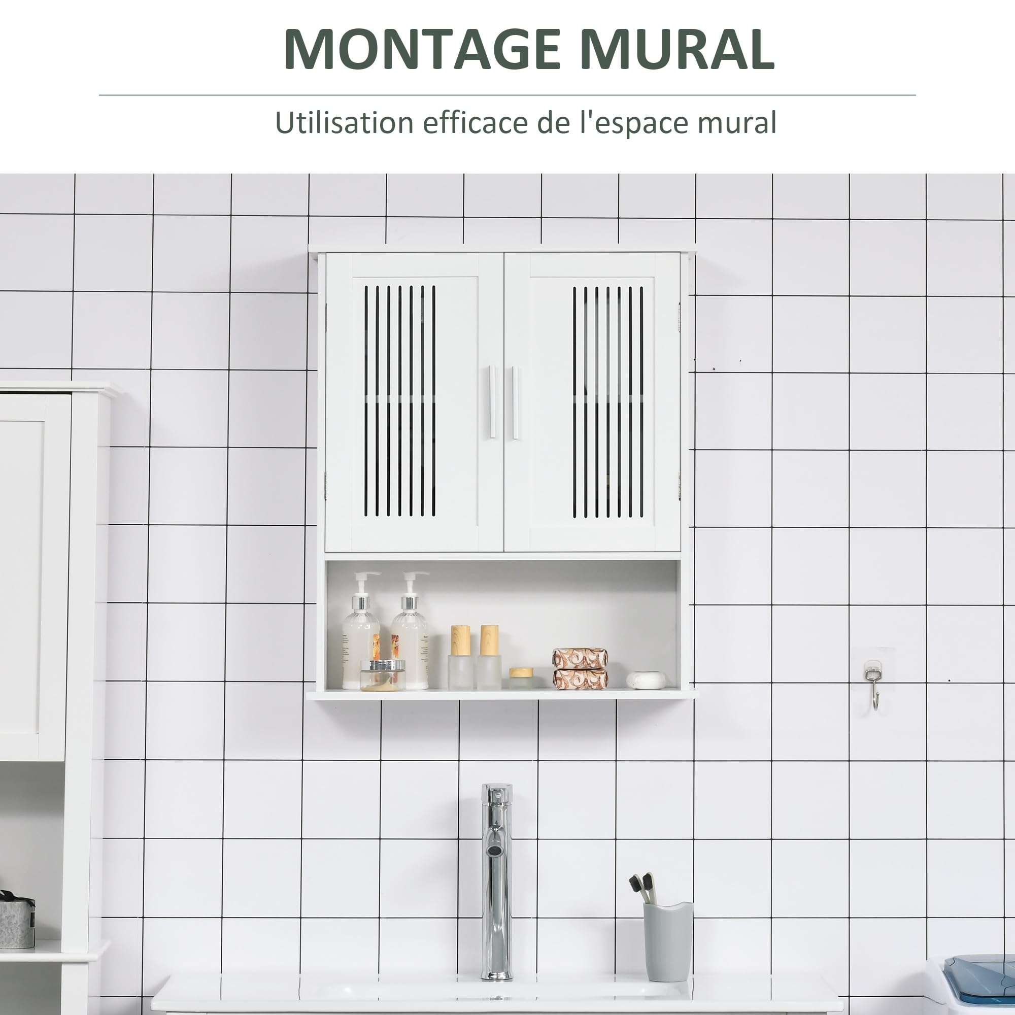 kleankin Armoire Murale, Meuble Haut Salle de Bain avec étagère réglable, Double Porte et étagère Ouverte, Meuble de Salle de Bain, Meuble de Rangement Suspendu, 60 x 20 x 70 cm, Blanc