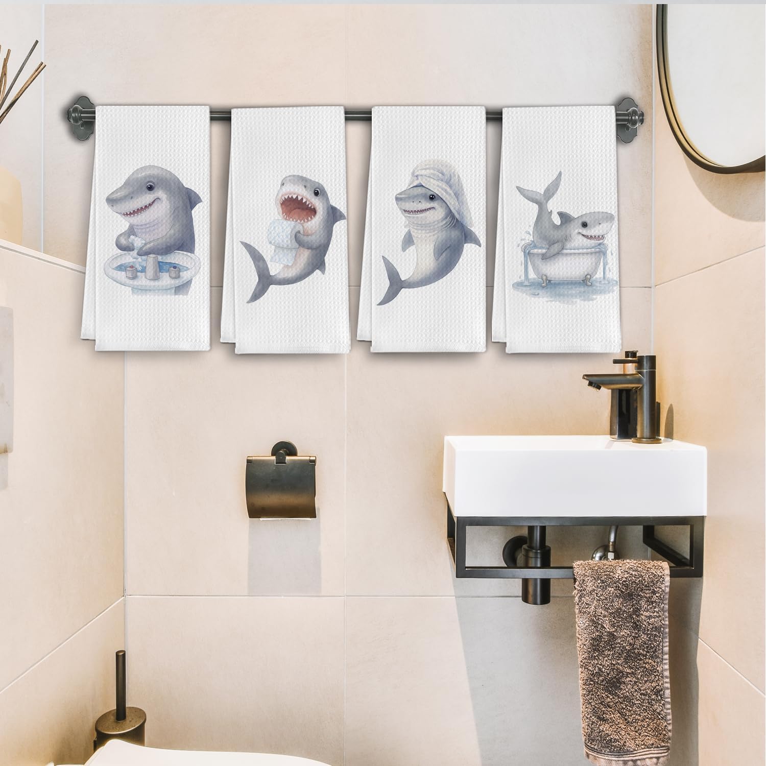 Coastal Beach Shark Bathroom Hand Towels, Gifts for Shark Lovers,Funny Ocean Sharks Decorative Hand Towels for Bathroom Washroom Restroom Toilet,16x24 Inch Set of 4 - Image 3