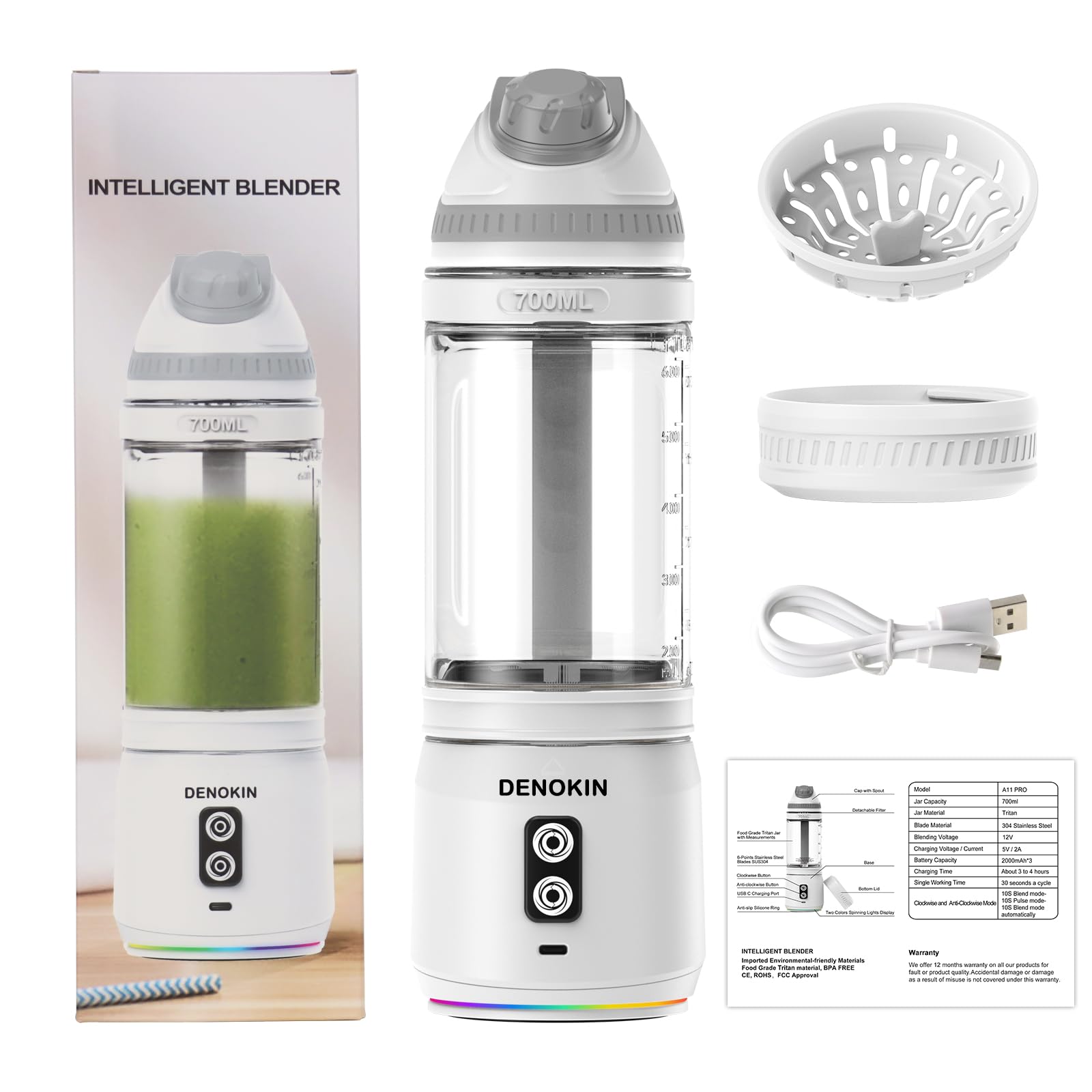 DENOKIN Mixeur portable avec couvercle à boire, 700 ml, mini blender pour les déplacements, rechargeable avec USB-C, appareil à smoothie sans fil à emporter pour smoothies, shakes