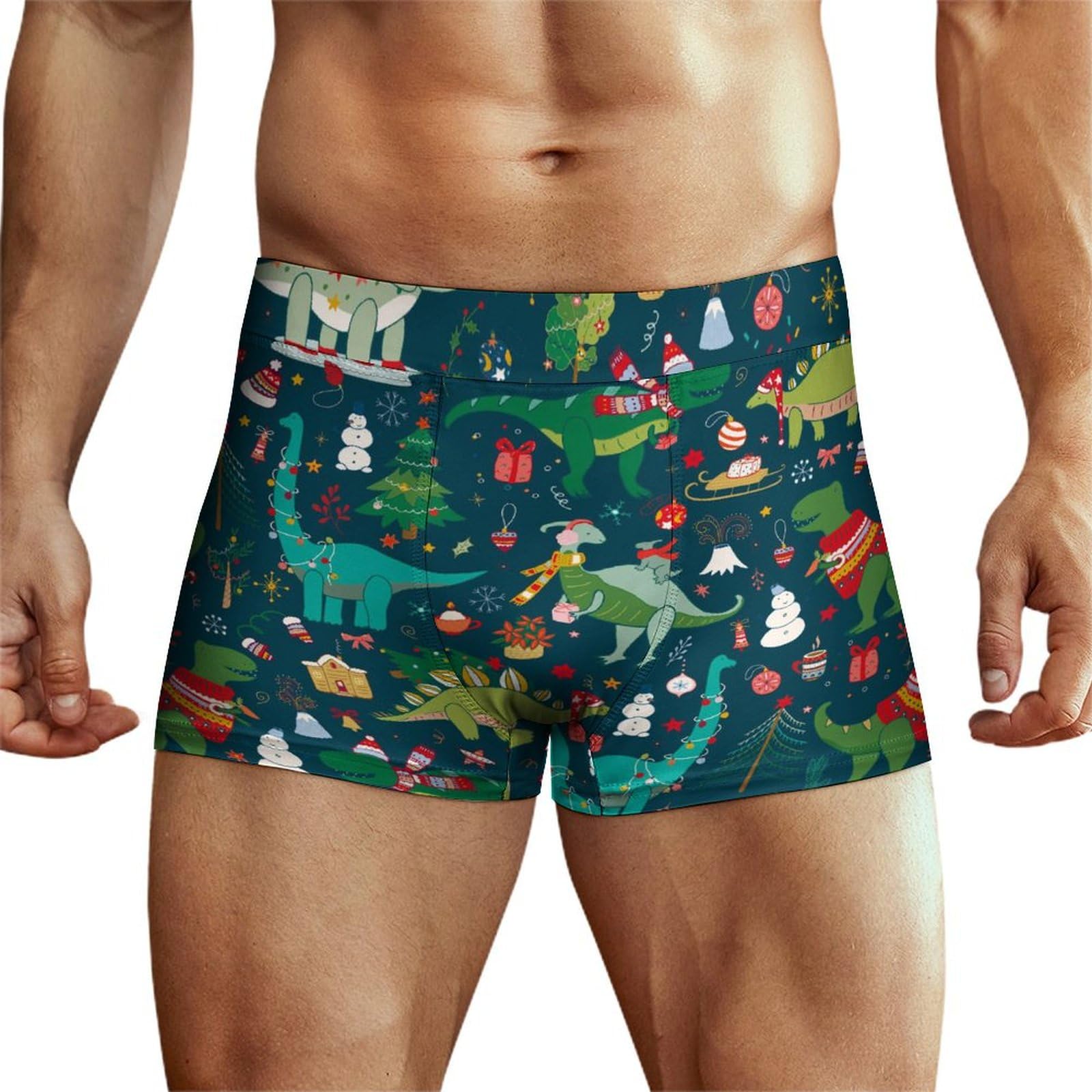 Niapessel Men's Boxer Briefs, Men's Underwear Boxer Brief, Breathable Novelty Boxers Briefs for Men, Dinosaur Christmas, L