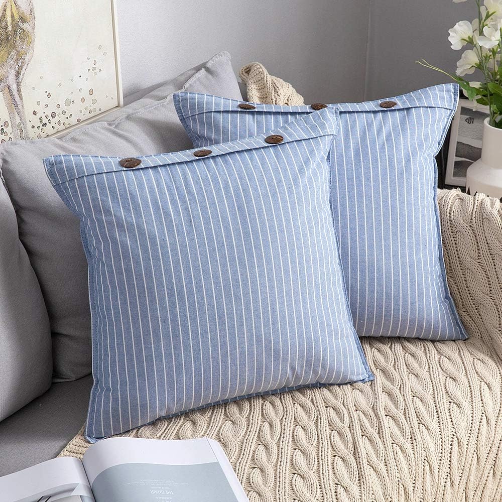 MIULEE Pack of 2 Farmhouse Decorative Throw Pillow Covers Button Linen Pillowcases Modern Stripe Lumbar Cushion Case for Couch Sofa Bedroom, 18 x 18 Inch, Blue