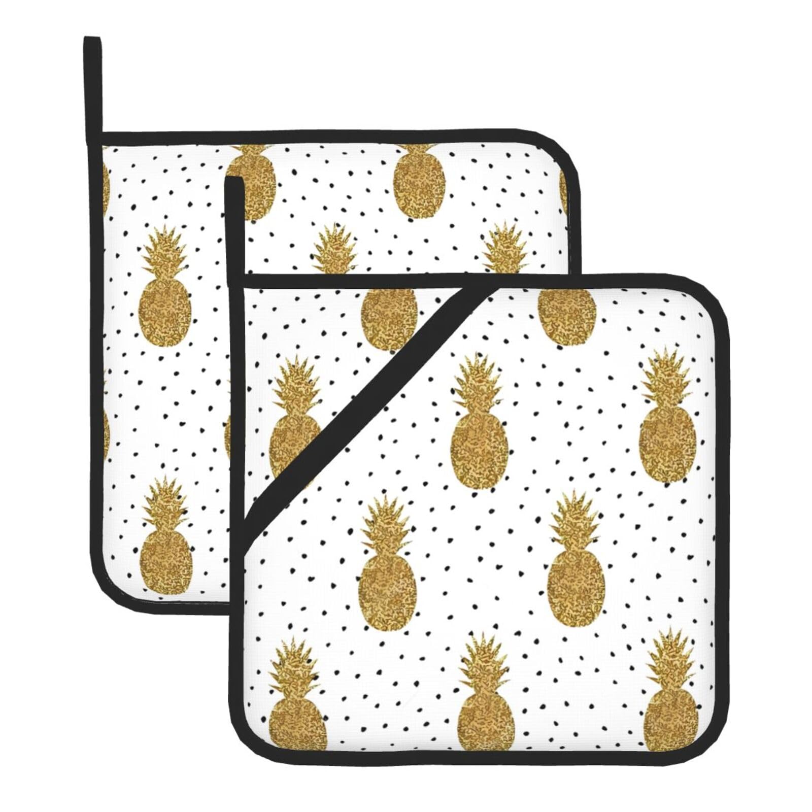 WHJSSF Gold Glitter Pineapples Fruit Prints Square Hot Pads for Kitchen Counter - Waterproof Trivets with Hanging Loop, Thick Pot Covers for Serving, Oven & BBQ - Set of 2 (1 with Pocket)