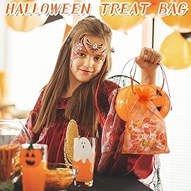 Jexila 100PCS Orange Organza Bags 5X7 inches Halloween Drawstring Goodie Candy Treat Bags for Kids Birthday Party Favor Pouch Orange Mesh Gift Bags
