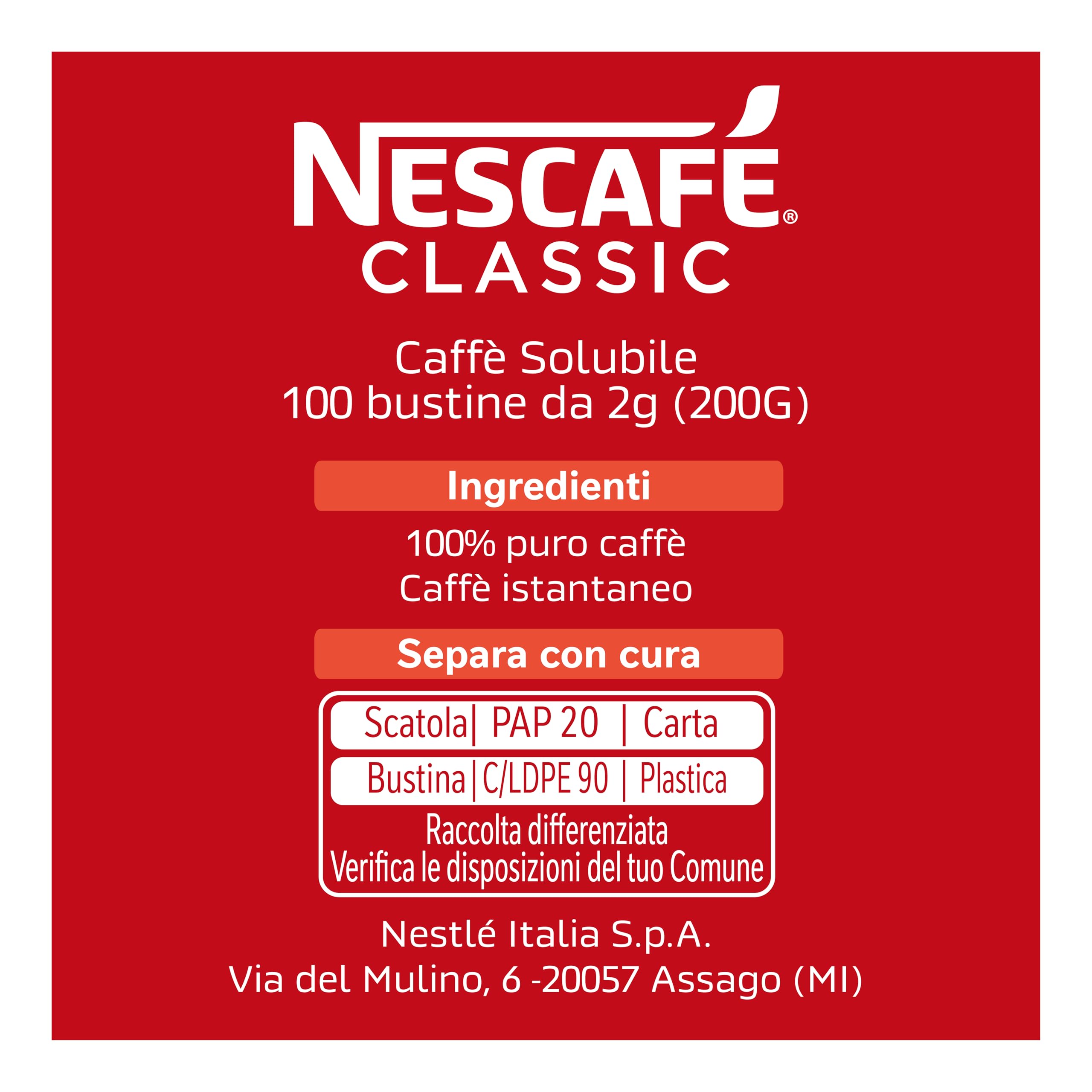NESCAFÉ Classic Caffè Solubile, 100 Bustine da 2g (200g)