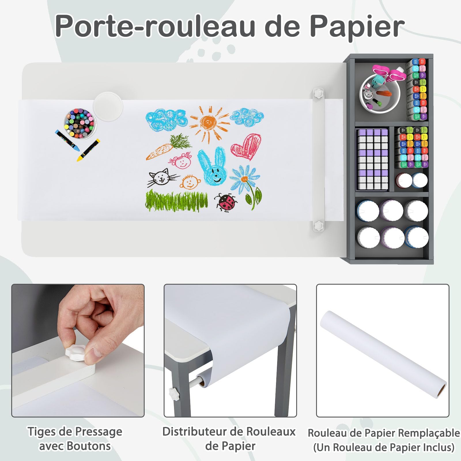 GOPLUS Bureau Enfant avec Rangement, Table de Dessin avec Rouleau de Papier, Support, Etagères et 4 Bacs en Tissu, Charge 60KG, Table Enfant avec Chaise pour 3+ Ans (Gris)