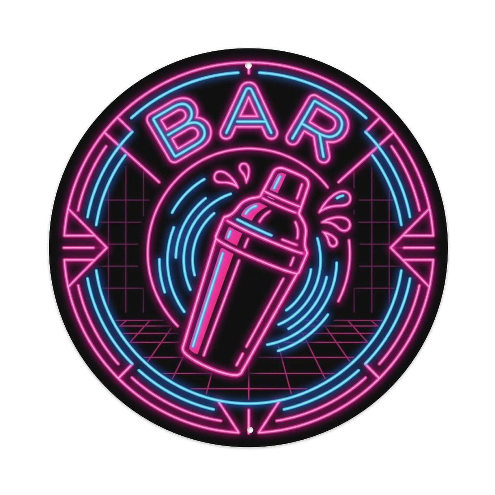 BAR Neon Lounge Plate Metal Tin Sign Plaque Wall Decor for Cafe, Club Bar, Office, Home Garden Round Metal Poster 8x8Inch