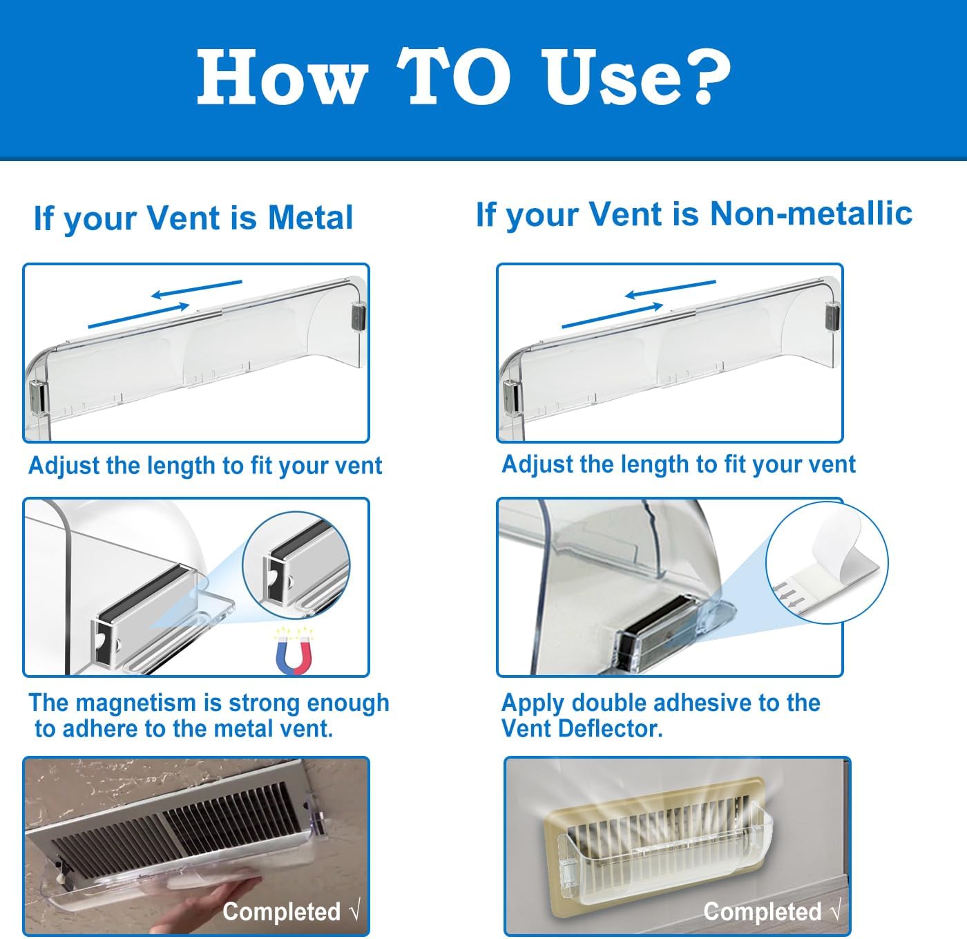 Heating & Air Vent Deflector for Vents, Sidewall, Ceiling, Floor Registers - Adjust Between 9"-14", Magnetic Vent Covers for Air Conditioning, Heat, AC, Floor, Under Furniture (2 Pack Clear) - Image 6